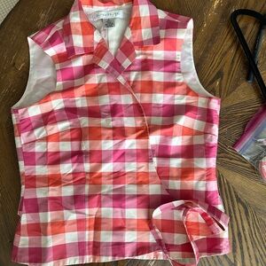 Vintage pink and orange silk gingham sleeveless wrap top
